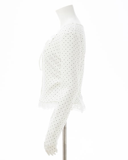 INGNI（イング） レースレイヤード風リボン付きリブトップス ｵﾌｸﾛ/ﾄﾞｯﾄ