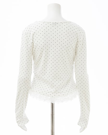 INGNI（イング） レースレイヤード風リボン付きリブトップス ｵﾌｸﾛ/ﾄﾞｯﾄ