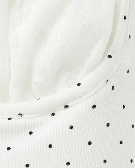 INGNI（イング） レースレイヤード風リボン付きリブトップス ｵﾌｸﾛ/ﾄﾞｯﾄ