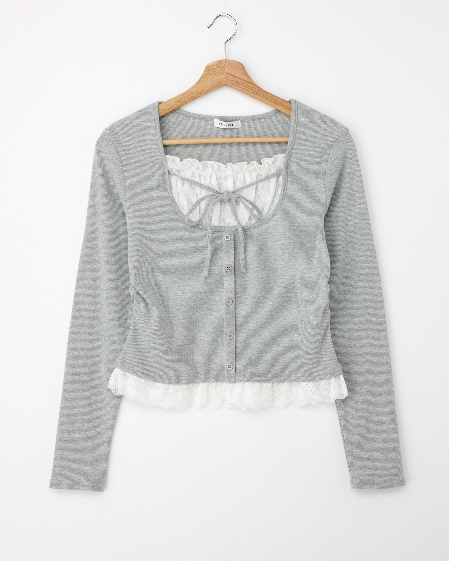 レースレイヤード風リボン付きリブトップス