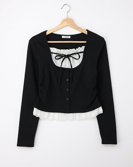 レースレイヤード風リボン付きリブトップス