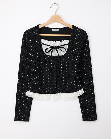 レースレイヤード風リボン付きリブトップス