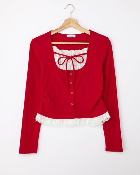 レースレイヤード風リボン付きリブトップス