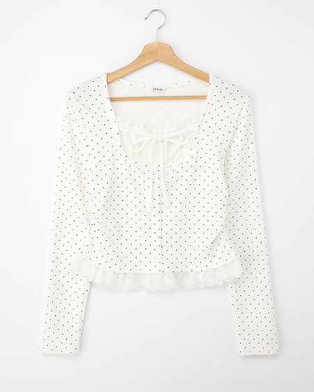 レースレイヤード風リボン付きリブトップス