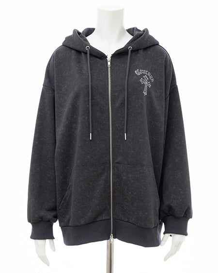 INGNI（イング） ムラ染めバックラインストーンクロスジップパーカー ﾁｬｺｰﾙｸﾞﾚｰ