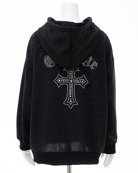 INGNI（イング） ムラ染めバックラインストーンクロスジップパーカー ｸﾛ