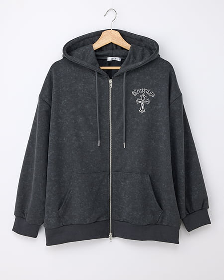 ムラ染めバックラインストーンクロスジップパーカー