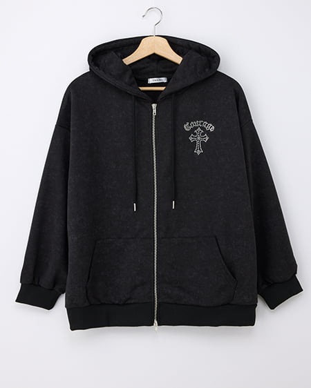 ムラ染めバックラインストーンクロスジップパーカー