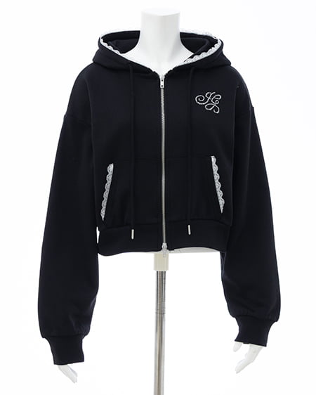 INGNI(イング) レース付胸ロゴスウェットショートジップパーカー(セットアップ対応) クロ