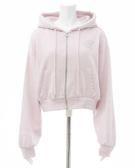 INGNI(イング) レース付胸ロゴスウェットショートジップパーカー(セットアップ対応) ライトピンク
