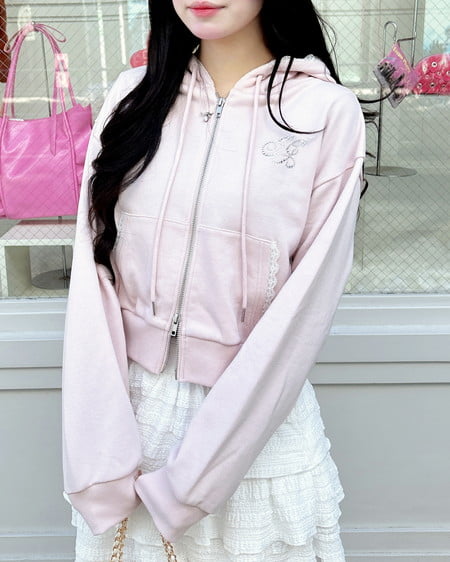 レース付胸ロゴスウェットショートジップパーカー