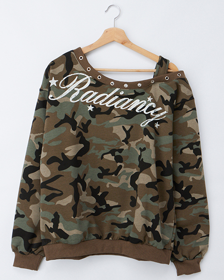 ハトメオフショルロゴスウェットトップス