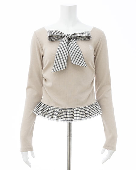 INGNI（イング） チェックリボンレイヤードトップス ﾗｲﾄﾍﾞｰｼﾞｭ