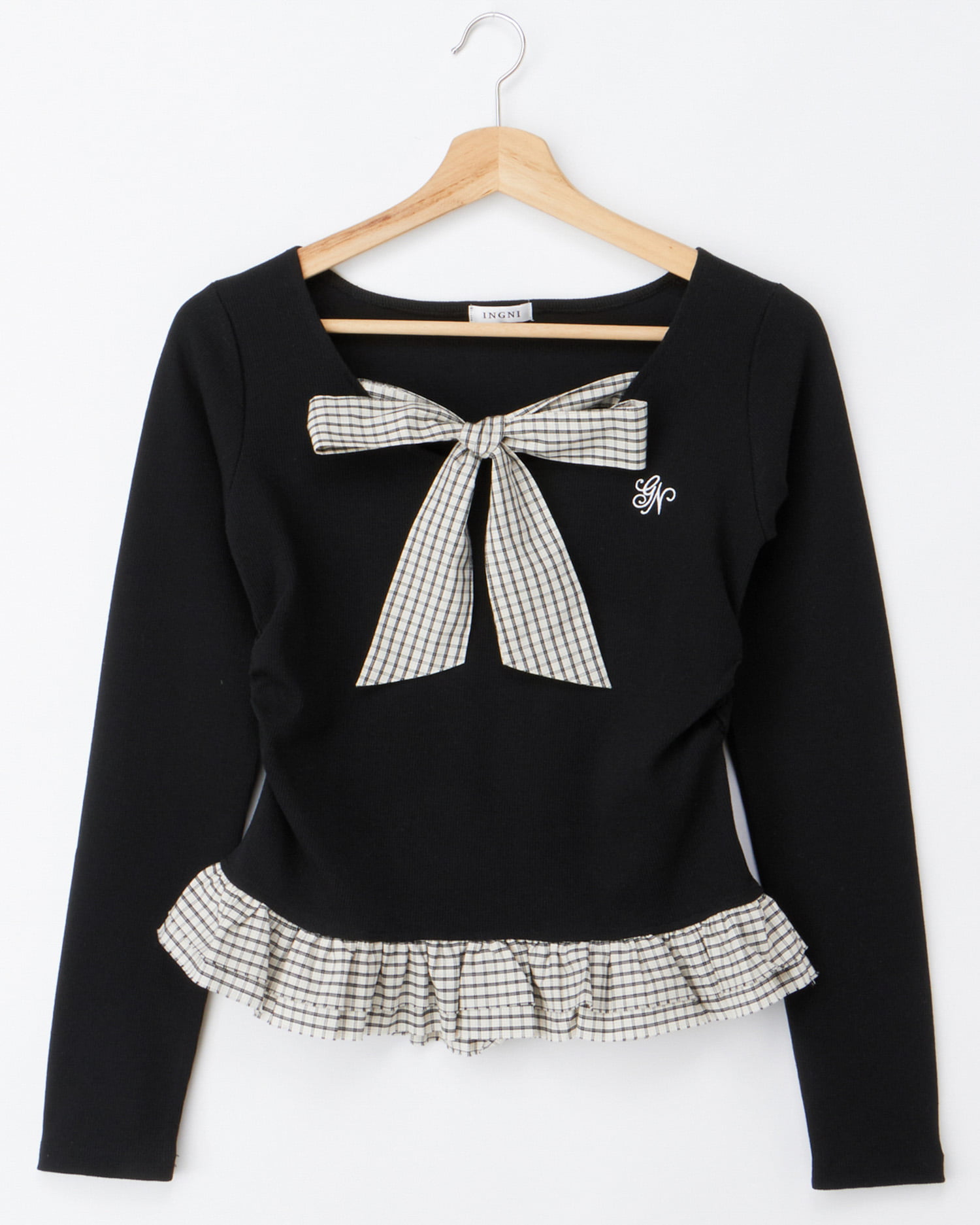 チェックリボンレイヤードトップス