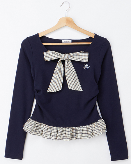 チェックリボンレイヤードトップス