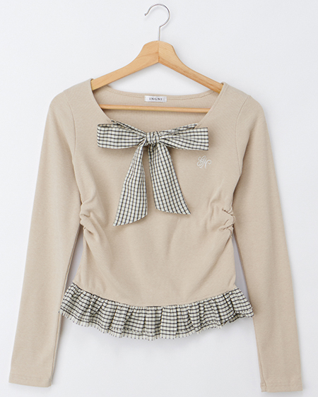 チェックリボンレイヤードトップス