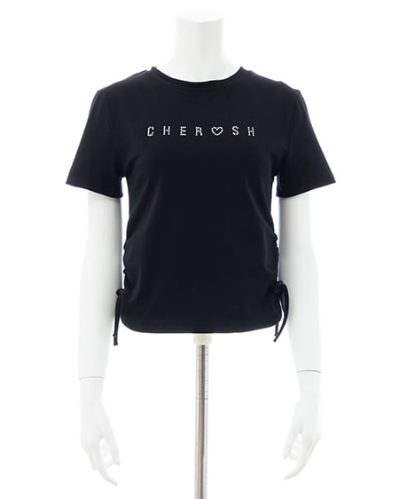 INGNI（イング） サイドギャザーリボンラインストーンロゴTシャツ ｸﾛ