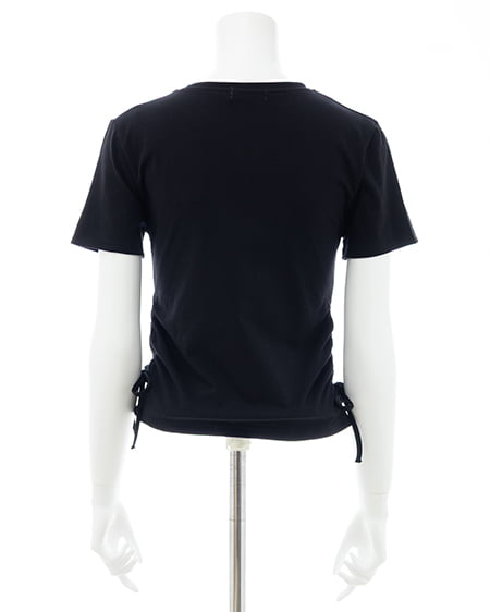 INGNI（イング） サイドギャザーリボンラインストーンロゴTシャツ ｸﾛ
