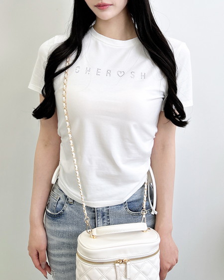 サイドギャザーリボンラインストーンロゴTシャツ