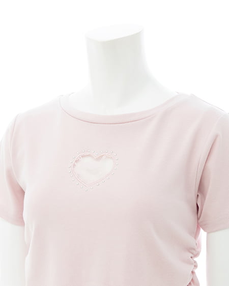 INGNI（イング） ハートレース抜きサイドギャザーTシャツ ﾗｲﾄﾋﾟﾝｸ