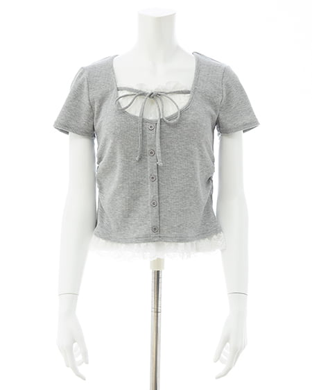 INGNI（イング） レースレイヤード風リボン付き半袖リブトップス ｸﾞﾚｰ