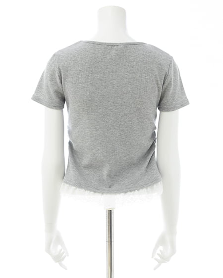 INGNI（イング） レースレイヤード風リボン付き半袖リブトップス ｸﾞﾚｰ