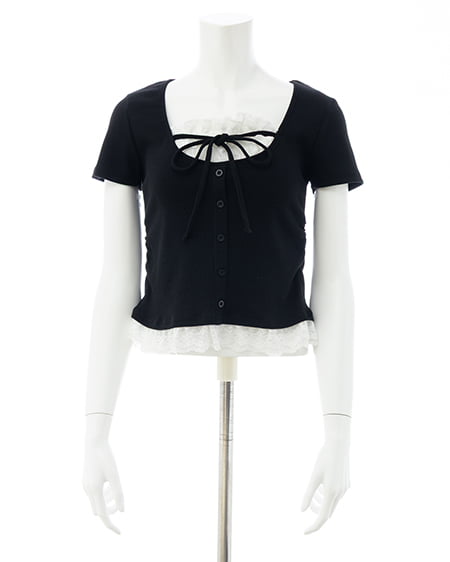 INGNI（イング） レースレイヤード風リボン付き半袖リブトップス ｸﾛ