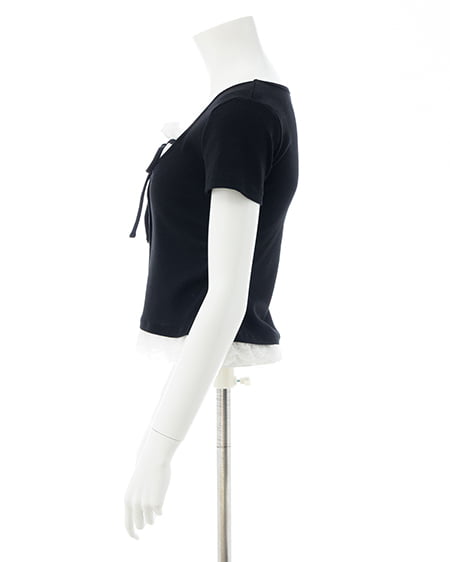 INGNI（イング） レースレイヤード風リボン付き半袖リブトップス ｸﾛ