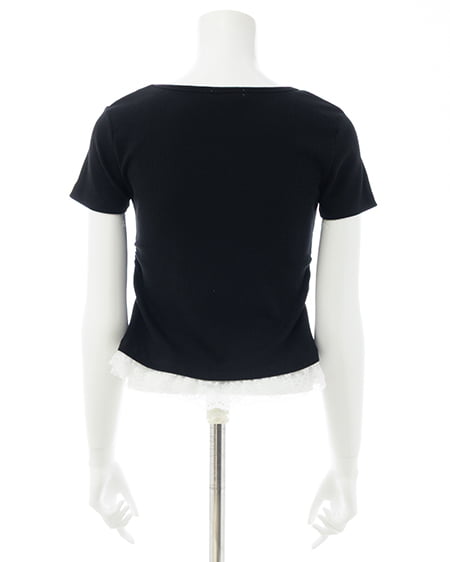 INGNI（イング） レースレイヤード風リボン付き半袖リブトップス ｸﾛ