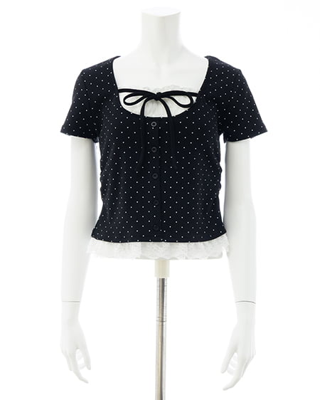 INGNI（イング） レースレイヤード風リボン付き半袖リブトップス ｸﾛｵﾌ/ﾄﾞｯﾄ