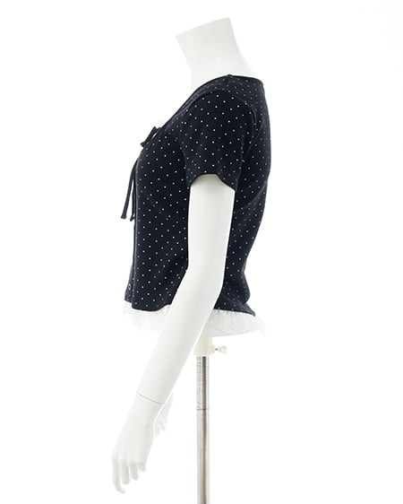 INGNI（イング） レースレイヤード風リボン付き半袖リブトップス ｸﾛｵﾌ/ﾄﾞｯﾄ