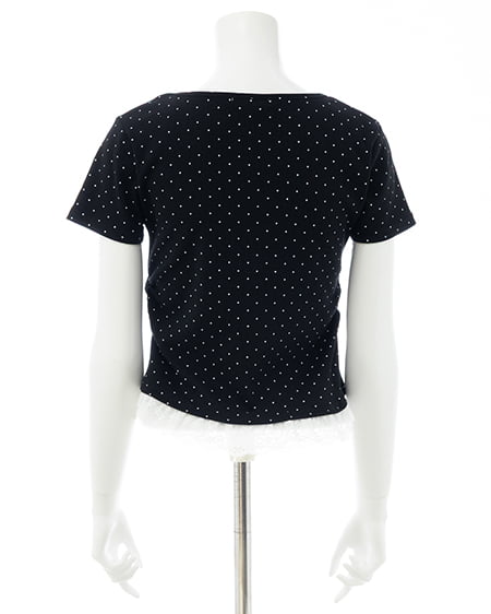 INGNI（イング） レースレイヤード風リボン付き半袖リブトップス ｸﾛｵﾌ/ﾄﾞｯﾄ