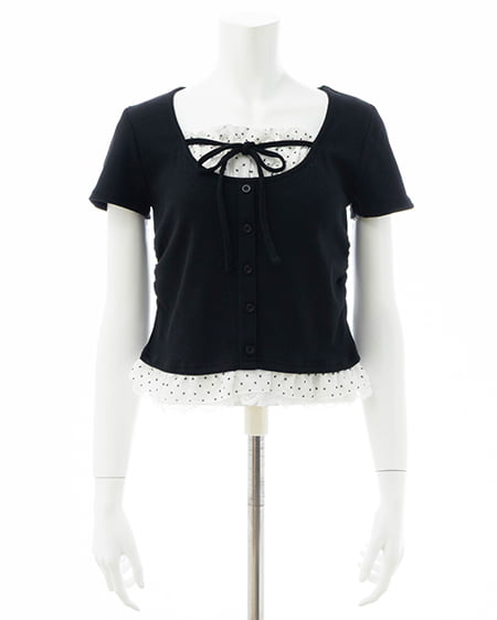 INGNI（イング） レースレイヤード風リボン付き半袖リブトップス ｸﾛ/ﾄﾞｯﾄ