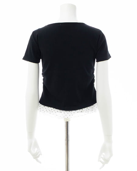 INGNI（イング） レースレイヤード風リボン付き半袖リブトップス ｸﾛ/ﾄﾞｯﾄ