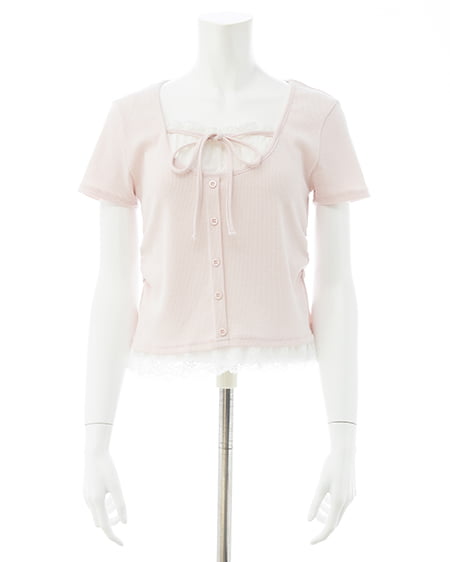 INGNI（イング） レースレイヤード風リボン付き半袖リブトップス ﾗｲﾄﾋﾟﾝｸ