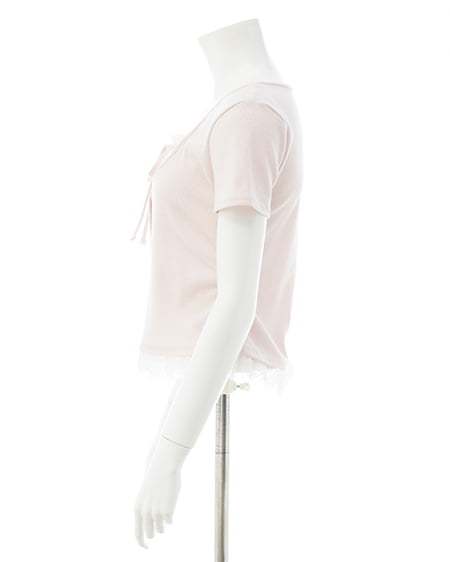 INGNI（イング） レースレイヤード風リボン付き半袖リブトップス ﾗｲﾄﾋﾟﾝｸ