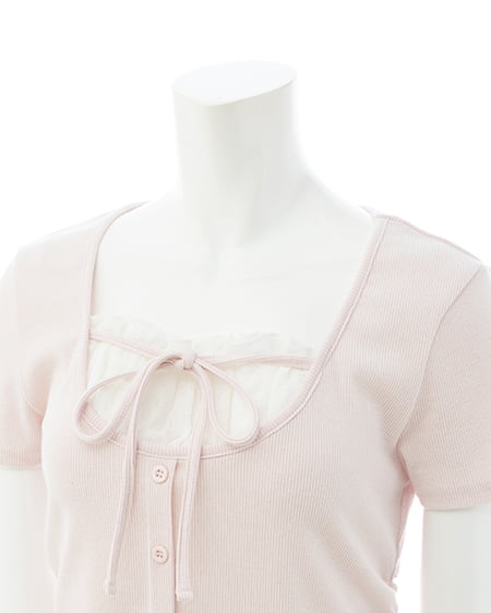 INGNI（イング） レースレイヤード風リボン付き半袖リブトップス ﾗｲﾄﾋﾟﾝｸ