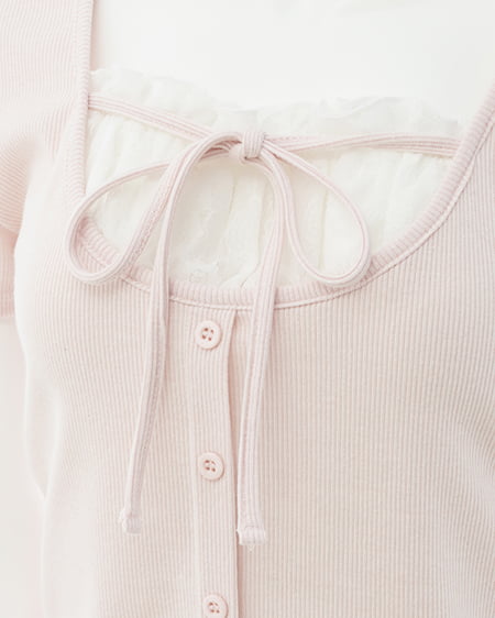 INGNI（イング） レースレイヤード風リボン付き半袖リブトップス ﾗｲﾄﾋﾟﾝｸ