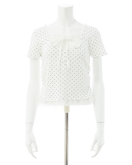 INGNI（イング） レースレイヤード風リボン付き半袖リブトップス ｵﾌｸﾛ/ﾄﾞｯﾄ