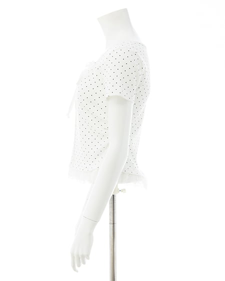 INGNI（イング） レースレイヤード風リボン付き半袖リブトップス ｵﾌｸﾛ/ﾄﾞｯﾄ