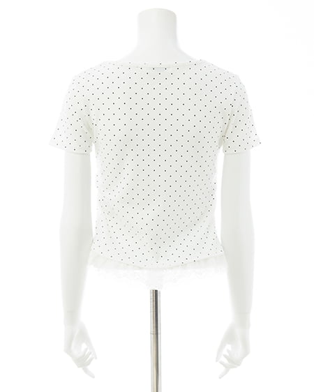 INGNI（イング） レースレイヤード風リボン付き半袖リブトップス ｵﾌｸﾛ/ﾄﾞｯﾄ