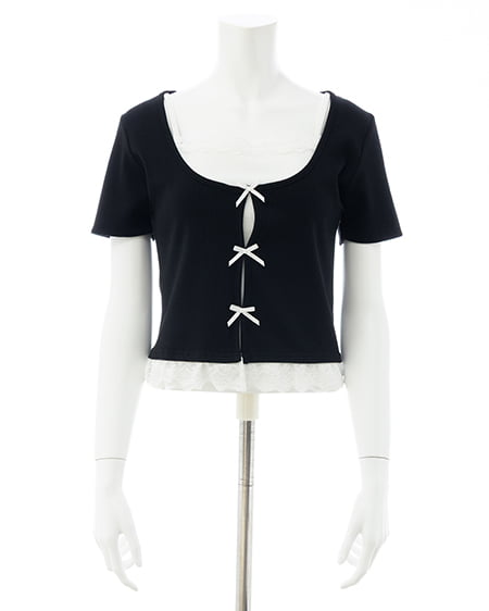 INGNI（イング） レイヤード前リボンリブトップス ｸﾛ