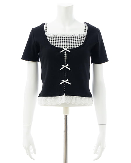 INGNI(イング) レイヤード前リボンリブトップス クロ/ギンガム