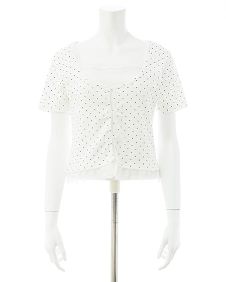 INGNI（イング） レイヤード前リボンリブトップス ｵﾌｸﾛ/ﾄﾞｯﾄ