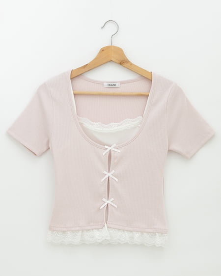 レイヤード前リボンリブトップス