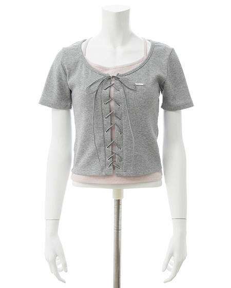 INGNI（イング） キャミレイヤード風リブレースアップトップス ｸﾞﾚｰ/ﾋﾟﾝｸ