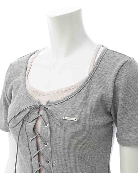 INGNI（イング） キャミレイヤード風リブレースアップトップス ｸﾞﾚｰ/ﾋﾟﾝｸ