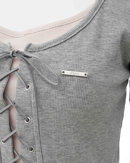 INGNI（イング） キャミレイヤード風リブレースアップトップス ｸﾞﾚｰ/ﾋﾟﾝｸ