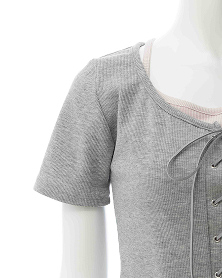 INGNI（イング） キャミレイヤード風リブレースアップトップス ｸﾞﾚｰ/ﾋﾟﾝｸ