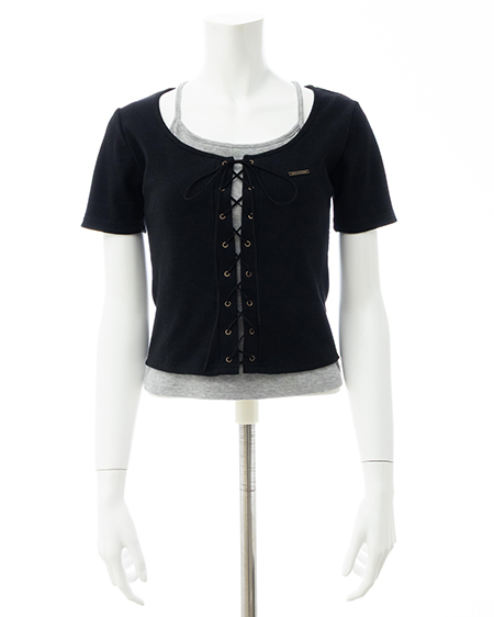 INGNI（イング） キャミレイヤード風リブレースアップトップス ｸﾛ/ｸﾞﾚｰ